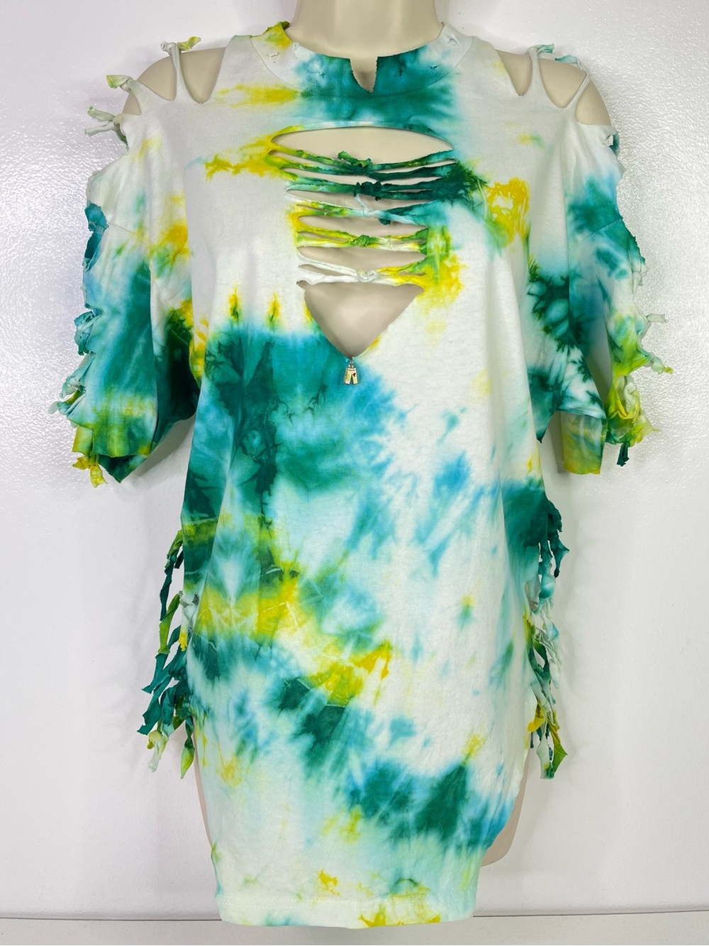 JL Sleeve
Upcycled Custom Pro Club Tie Dye Top Slit Back, Cold Shoulder & Sides